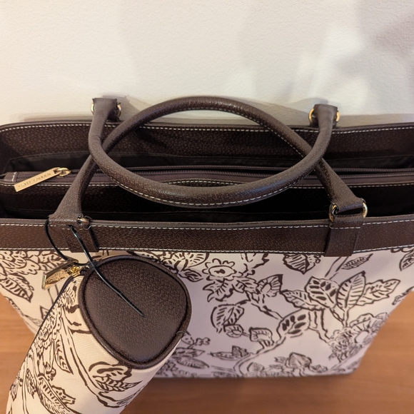 Estee Lauder 2 Piece Floral Handbag Tote  15x12x4  Brown/Tan/ Brown - Picture 2 of 6